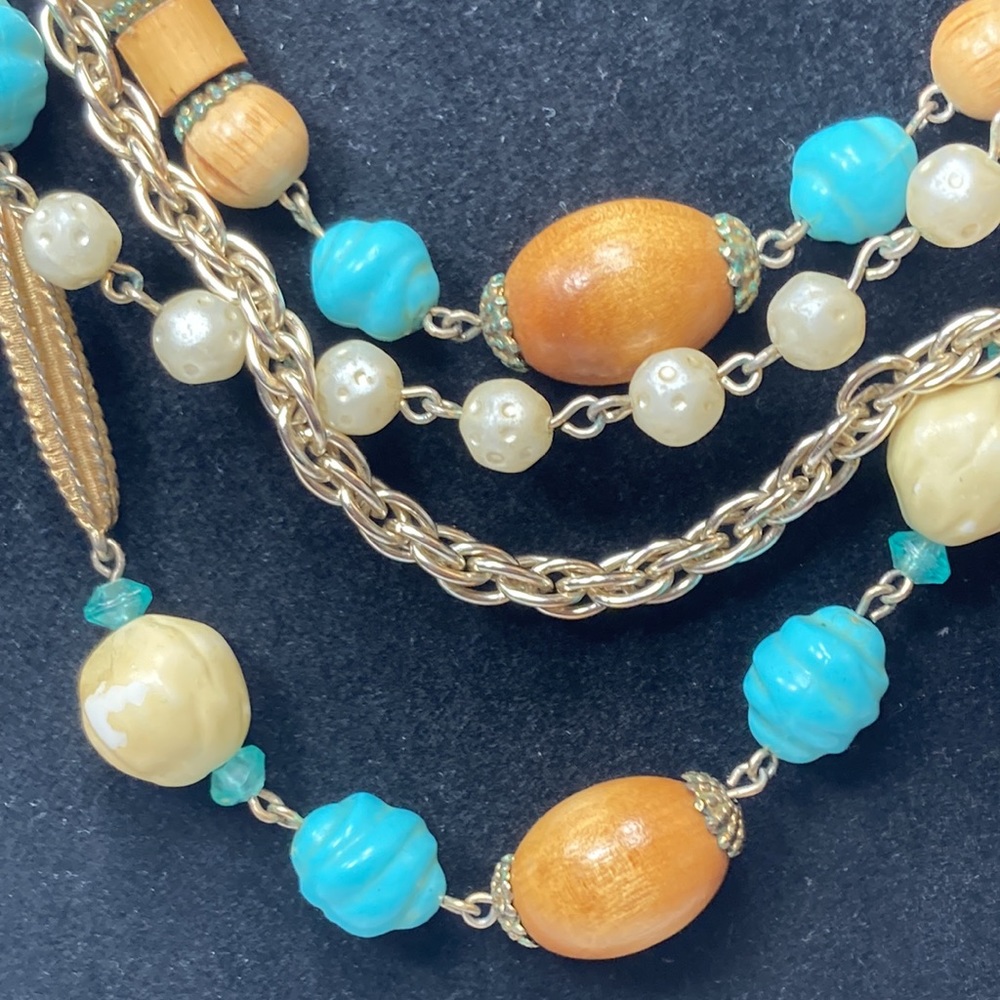 19" Multi Strand Bead & Chain Necklace Blue Brown